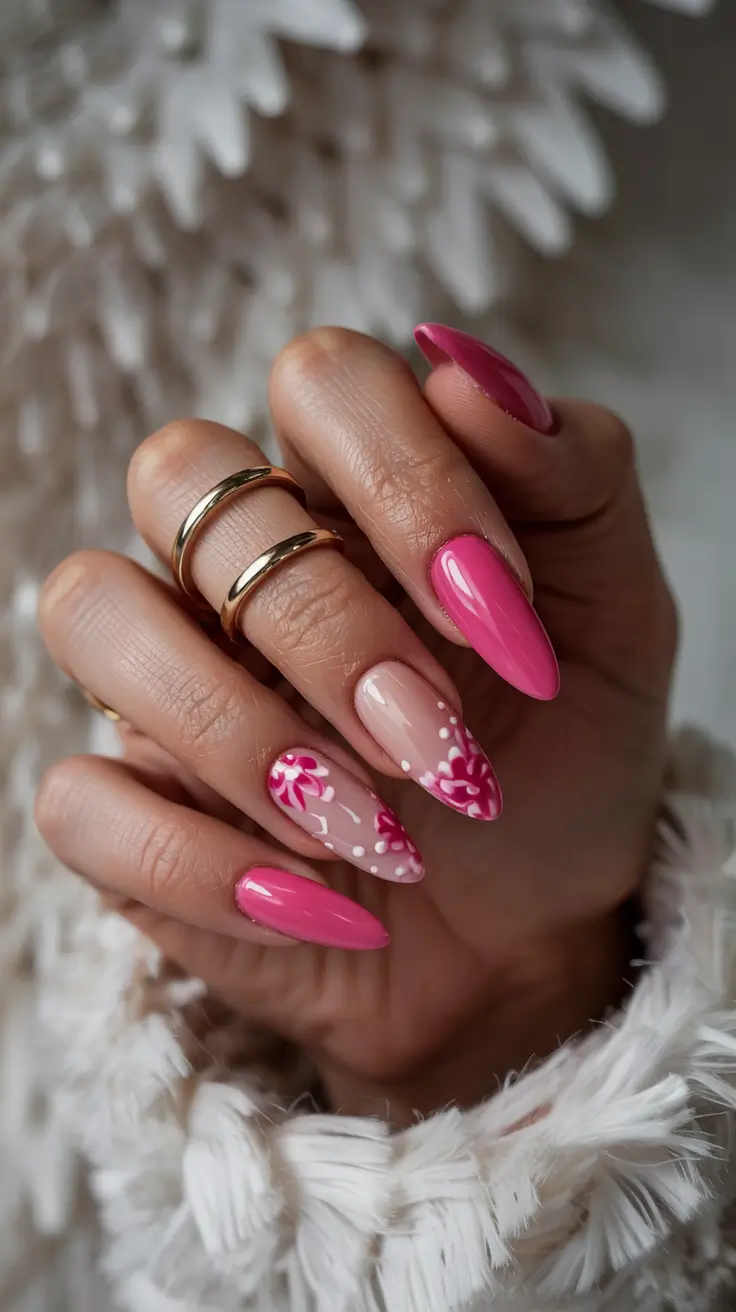 stylish spring nails 2026 Hot Pink Floral Accent Drama
