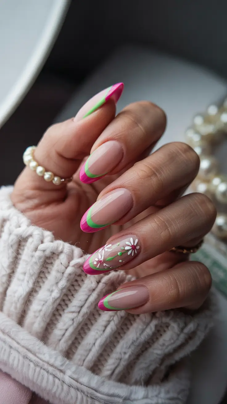 stylish spring nails 2026 Neon French with Daisy Detail