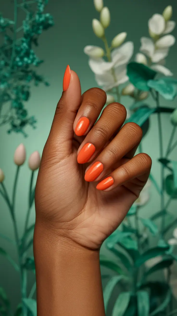 stylish spring nails for brown skin 2026 Juicy Tangerine Almond - The Glow-Boosting Minimalist Statement