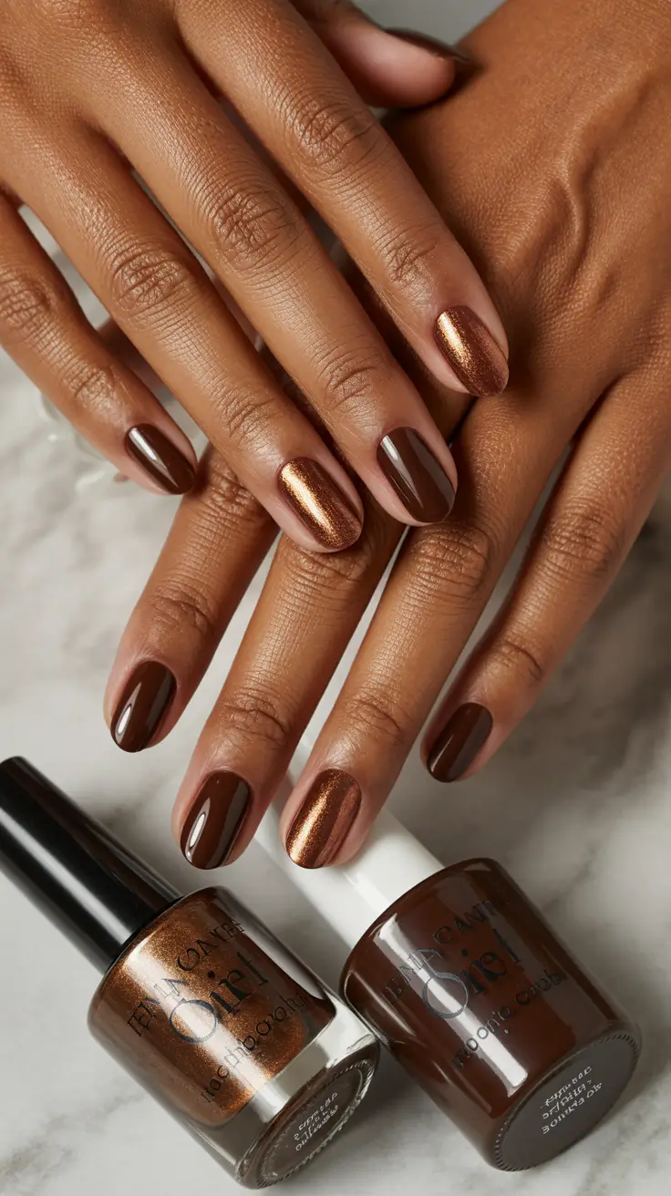 stylish spring nails for brown skin 2026 Chocolate Glaze With Molten Copper Accent - Rich Neutrals Reinvented