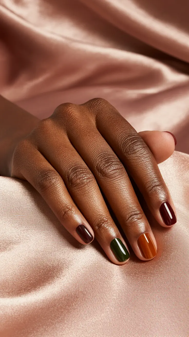 stylish spring nails for brown skin 2026 Deep Wine, Olive And Burnt Caramel - Modern Color Blocking