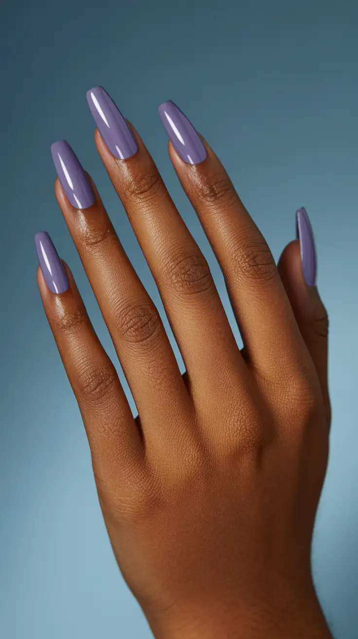 stylish spring nails for brown skin 2026 Glossy Lavender Coffin - Cool Spring Minimalism