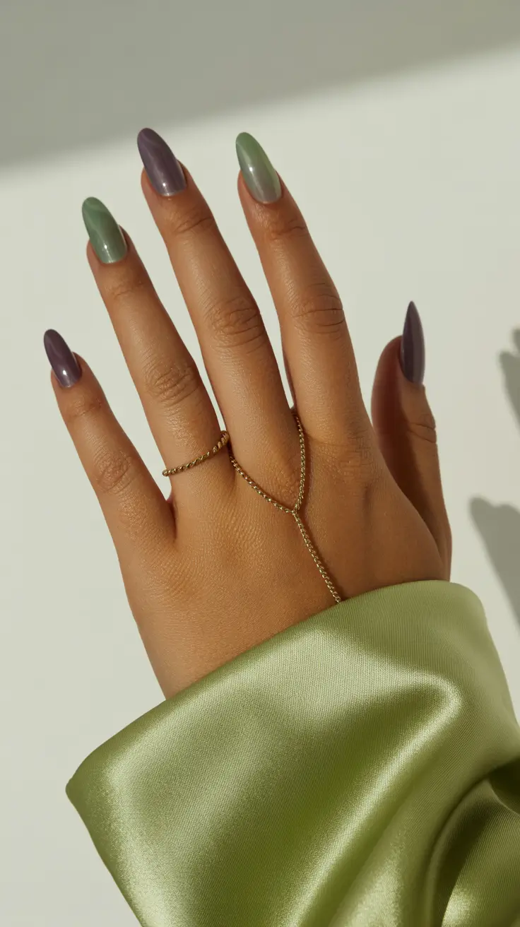 stylish spring nails for brown skin 2026 Sage And Dusty Plum Almond - Muted Luxury