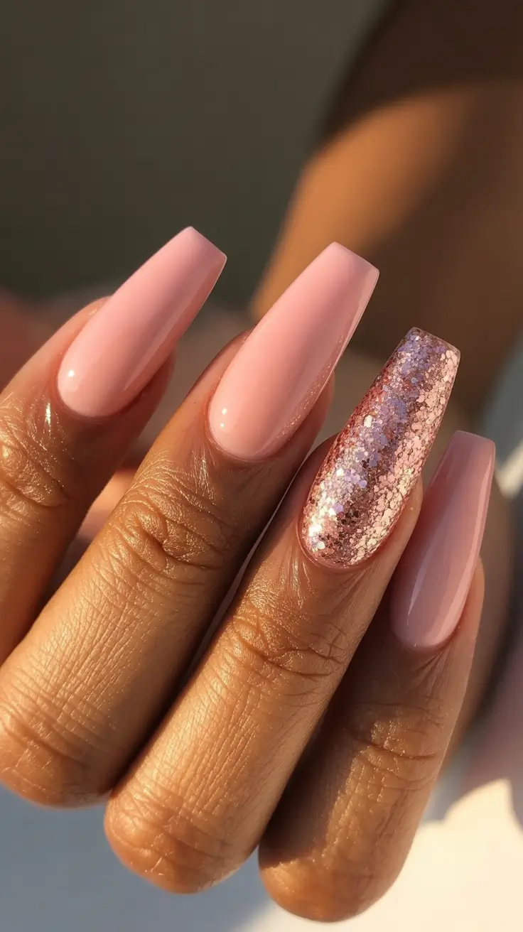 stylish spring nails for brown skin 2026 Soft Blush With Rose Gold Glitter Accent - Sunset Sparkle