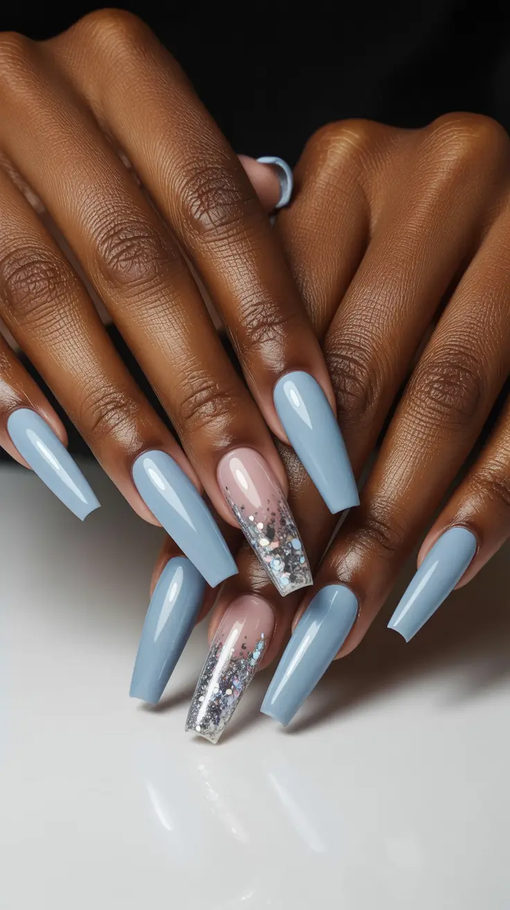 stylish spring nails for brown skin 2026 Powder Blue Coffin With Silver Foil Accent - Cool And Contemporary
