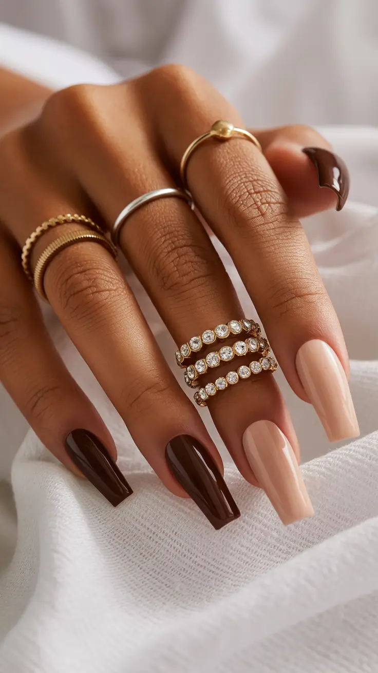 stylish spring nails for brown skin 2026 Mocha And Cream Contrast - Elevated Neutral Duo