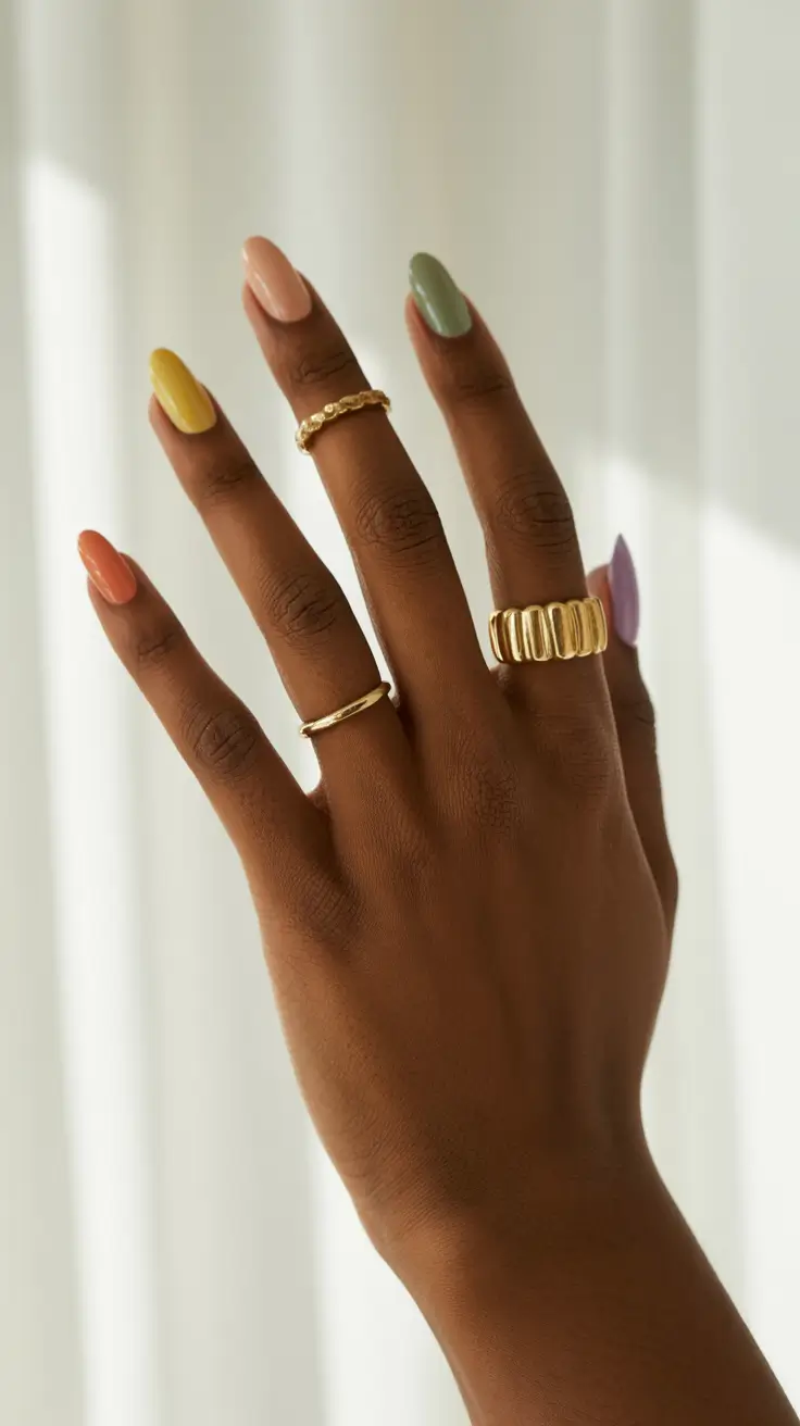 stylish spring nails for brown skin 2026 Pastel Rainbow Mix - Playful But Polished