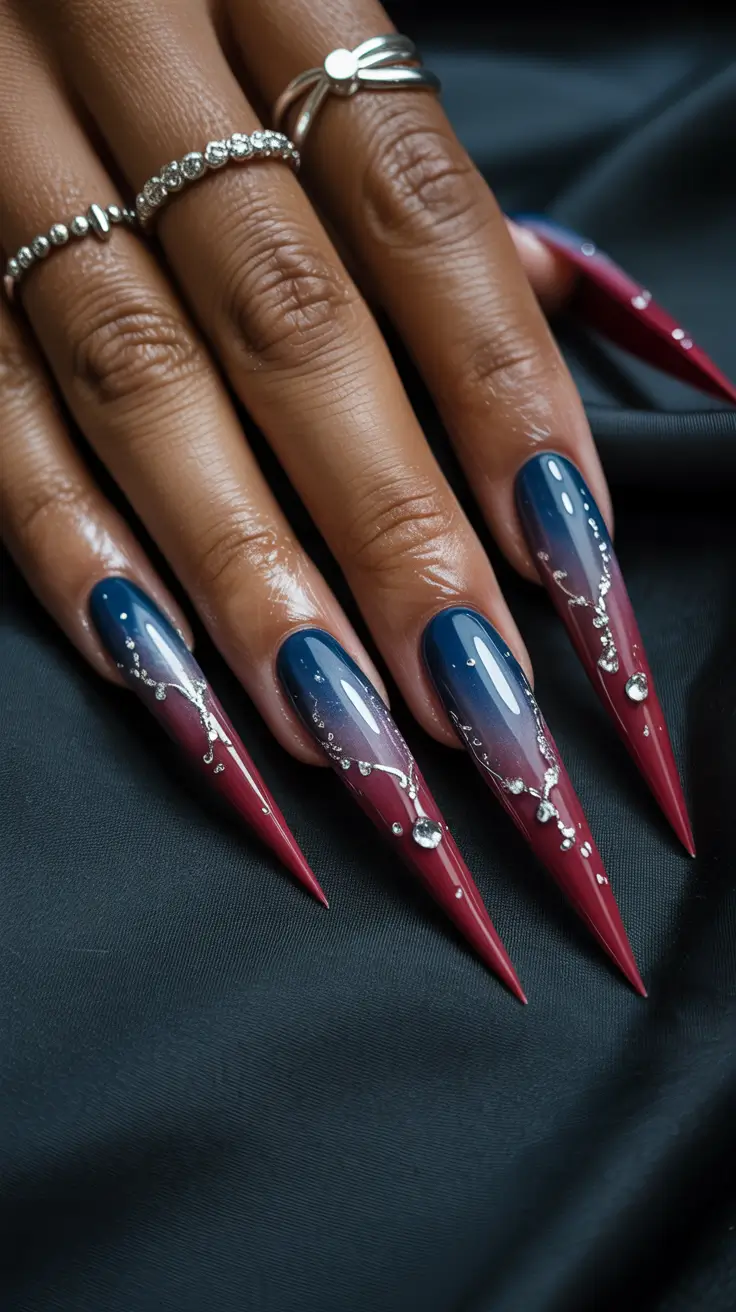 stylish spring nails for brown skin 2026 Midnight Berry Stiletto - Dramatic Ombre With Crystal Detail