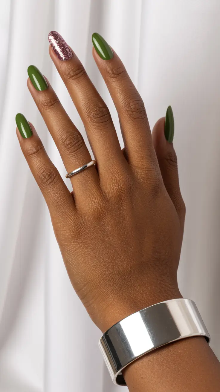 stylish spring nails for brown skin 2026 Glossy Olive With Rose Gold Sparkle - Earthy But Elevated