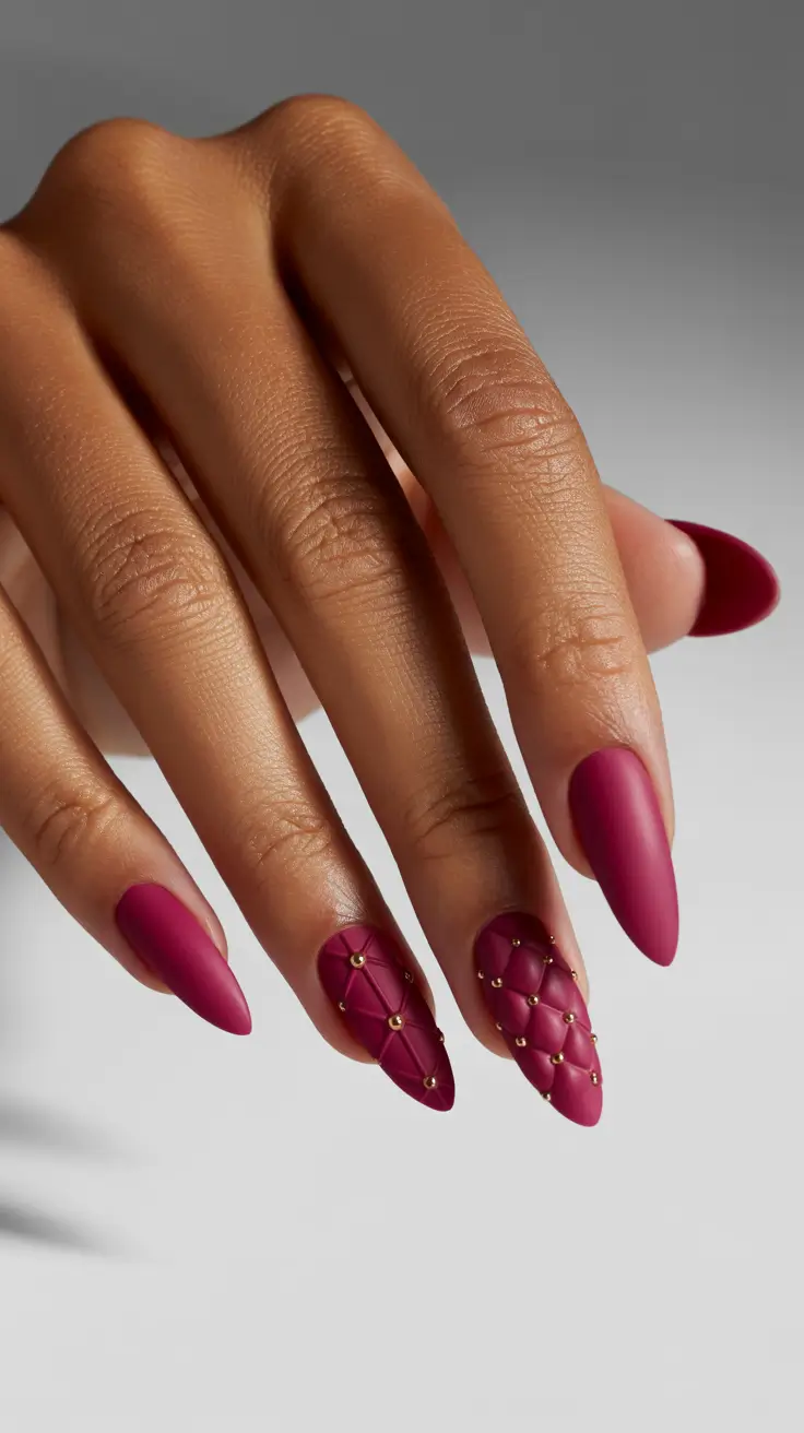 stylish spring nails for brown skin 2026 Matte Raspberry With Studded Texture - Soft Glam Edge