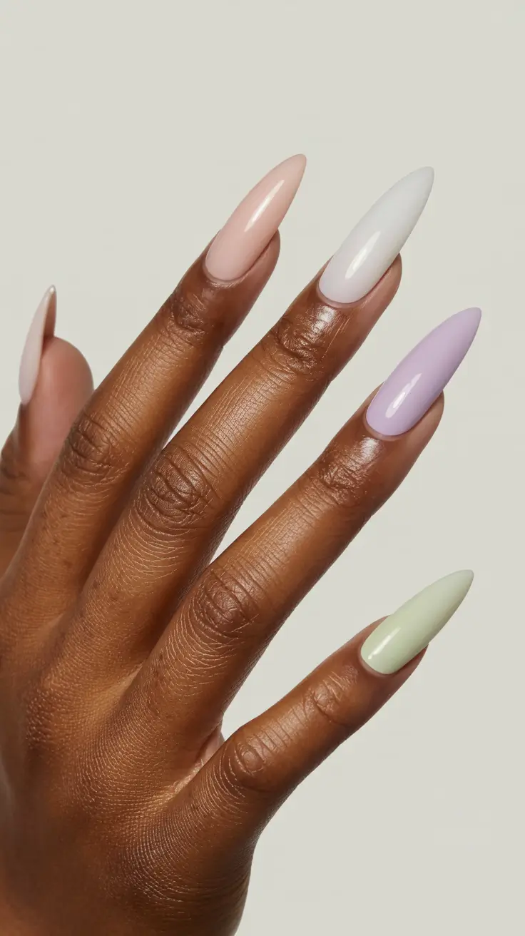 stylish spring nails for dark skin 2026 Soft Pastel Almonds with a Modern Edge