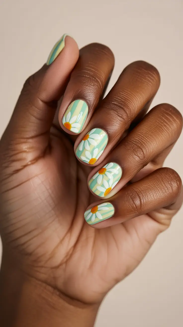 stylish spring nails for dark skin 2026 Mint Stripe Daisies with Retro Energy