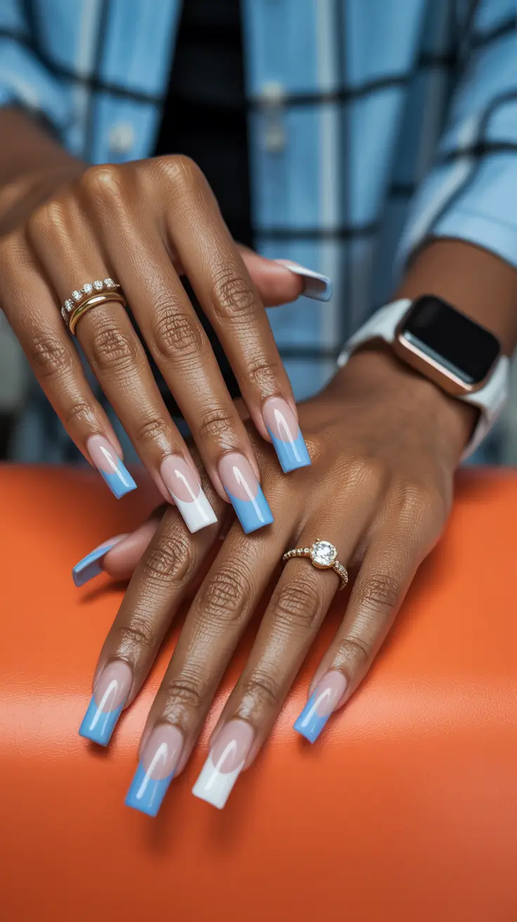 stylish spring nails for dark skin 2026 Modern Blue and White Color Block Coffin