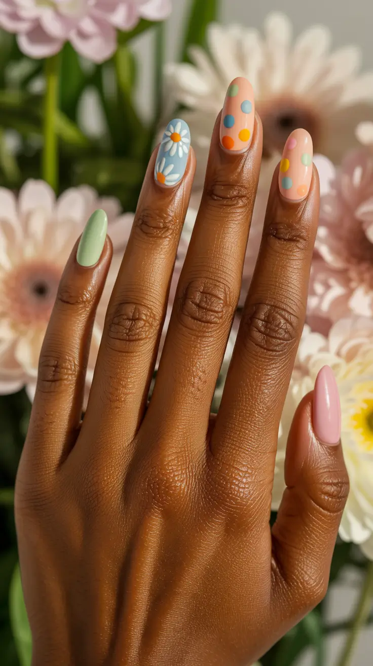 stylish spring nails for dark skin 2026 Playful Florals and Polka Dots for Sunshine Days