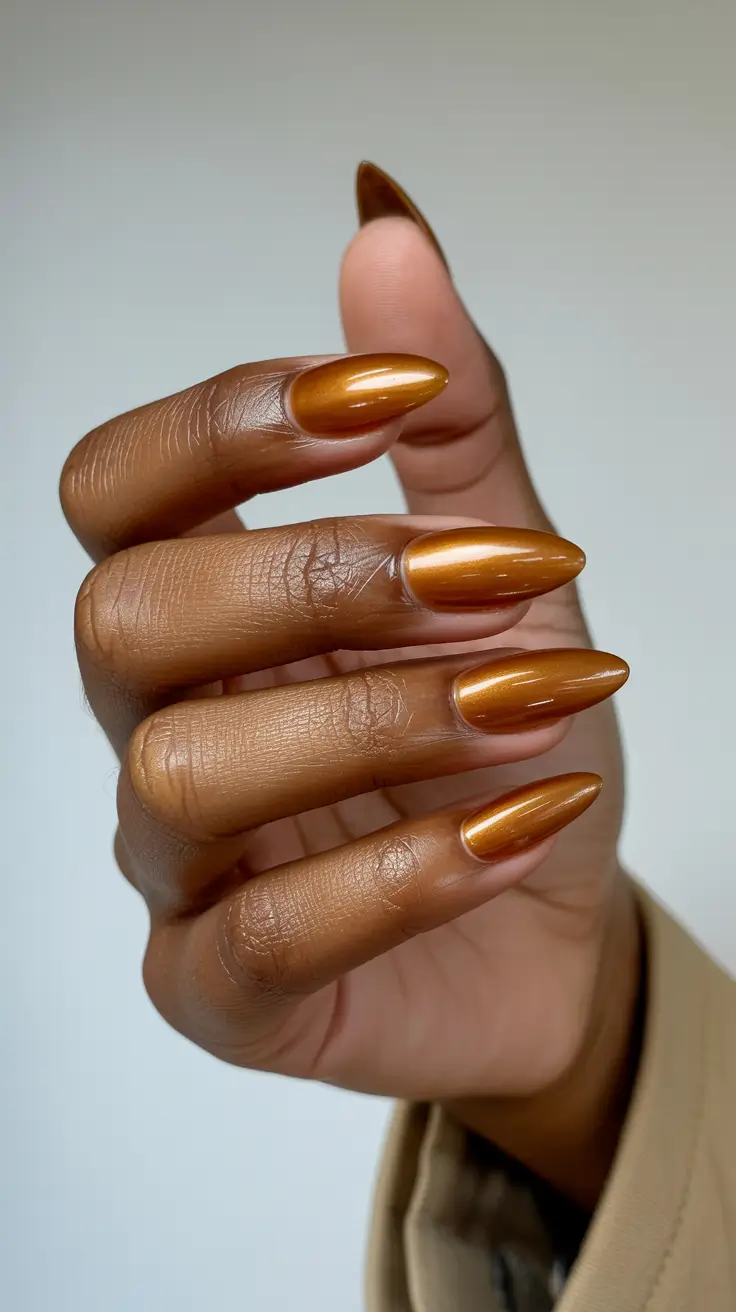 stylish spring nails for dark skin 2026 Warm Caramel Chrome for Glossy Spring Drama