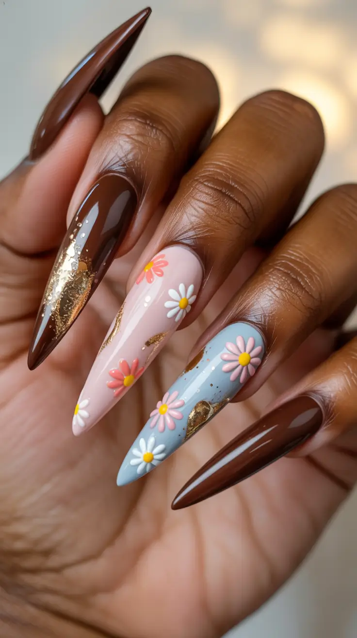 stylish spring nails for dark skin 2026 Chocolate Glam with Daisy Accents