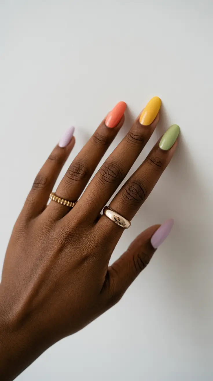 stylish spring nails for dark skin 2026 Soft Rainbow Almonds with a Fresh Spring Twist