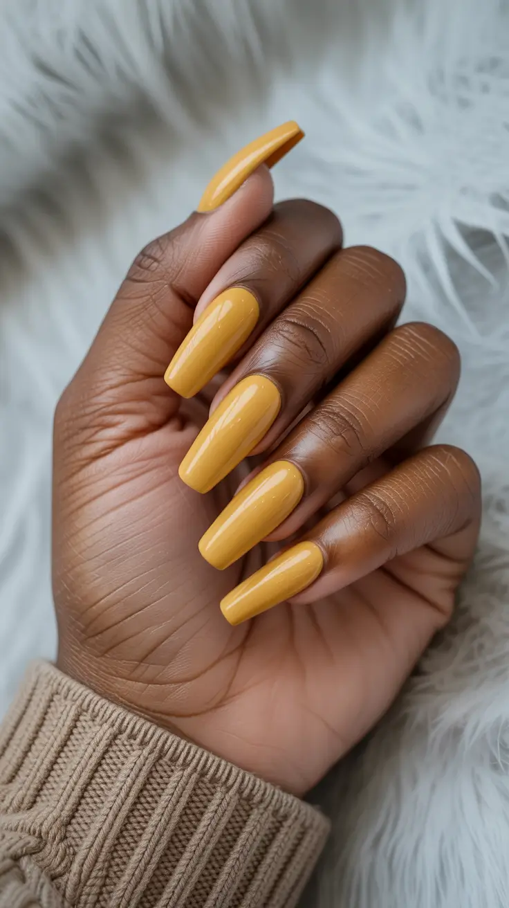 stylish spring nails for dark skin 2026 Glossy Mustard Coffin for Warm Weather Glow