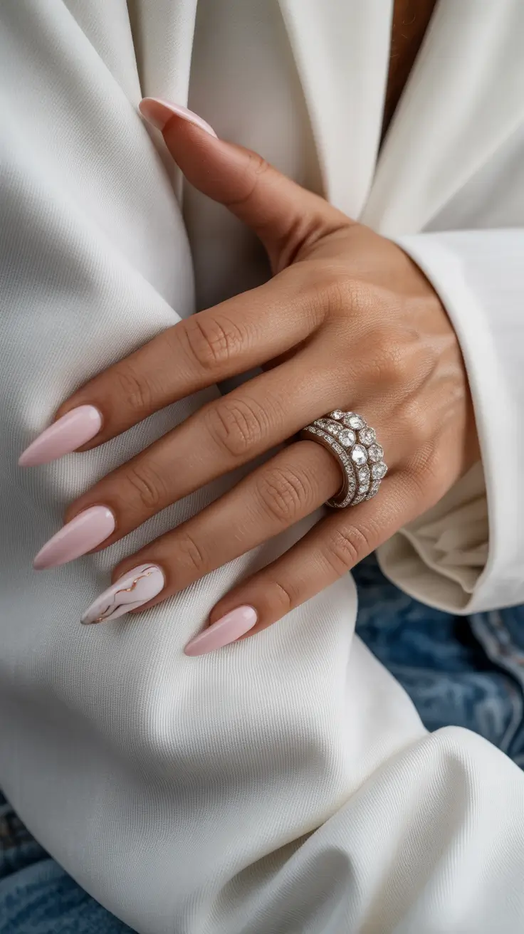 stylish spring nails pink 2026 Milky Blush Almond with a Whisper of Marble