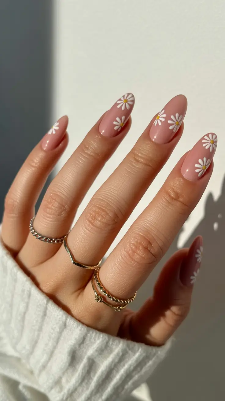 stylish spring nails pink 2026 Soft Nude Pink with Minimal Daisy Details