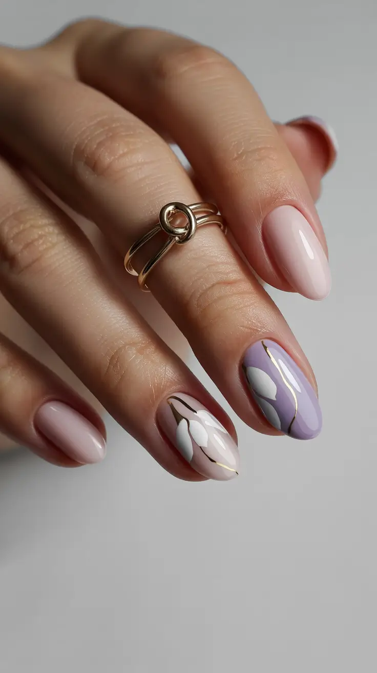 stylish spring nails pink 2026 Blush and Lilac Petal Minimalism with Gold Veins