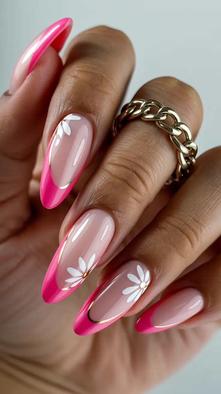 stylish spring nails pink 2026 Hot Pink French with Daisy and Gold Outline
