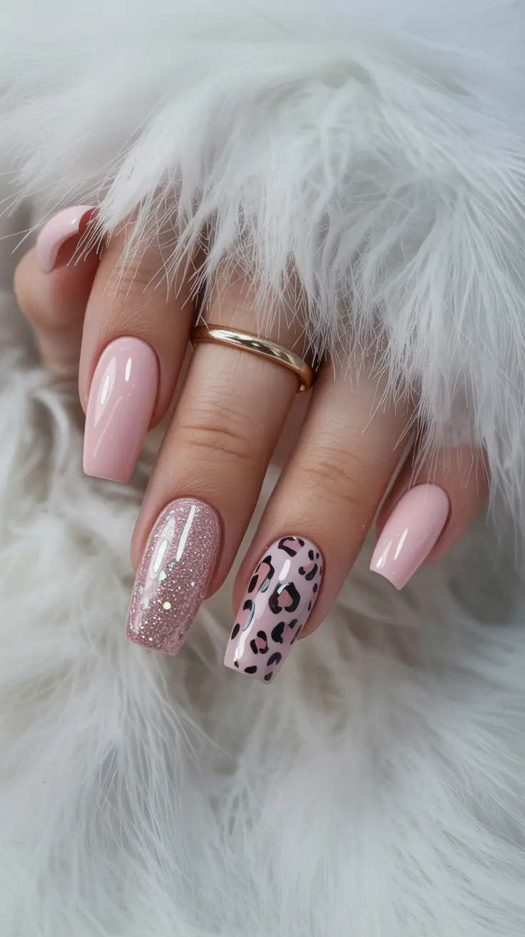 stylish spring nails pink 2026 Soft Pink with Glitter and Leopard Accent
