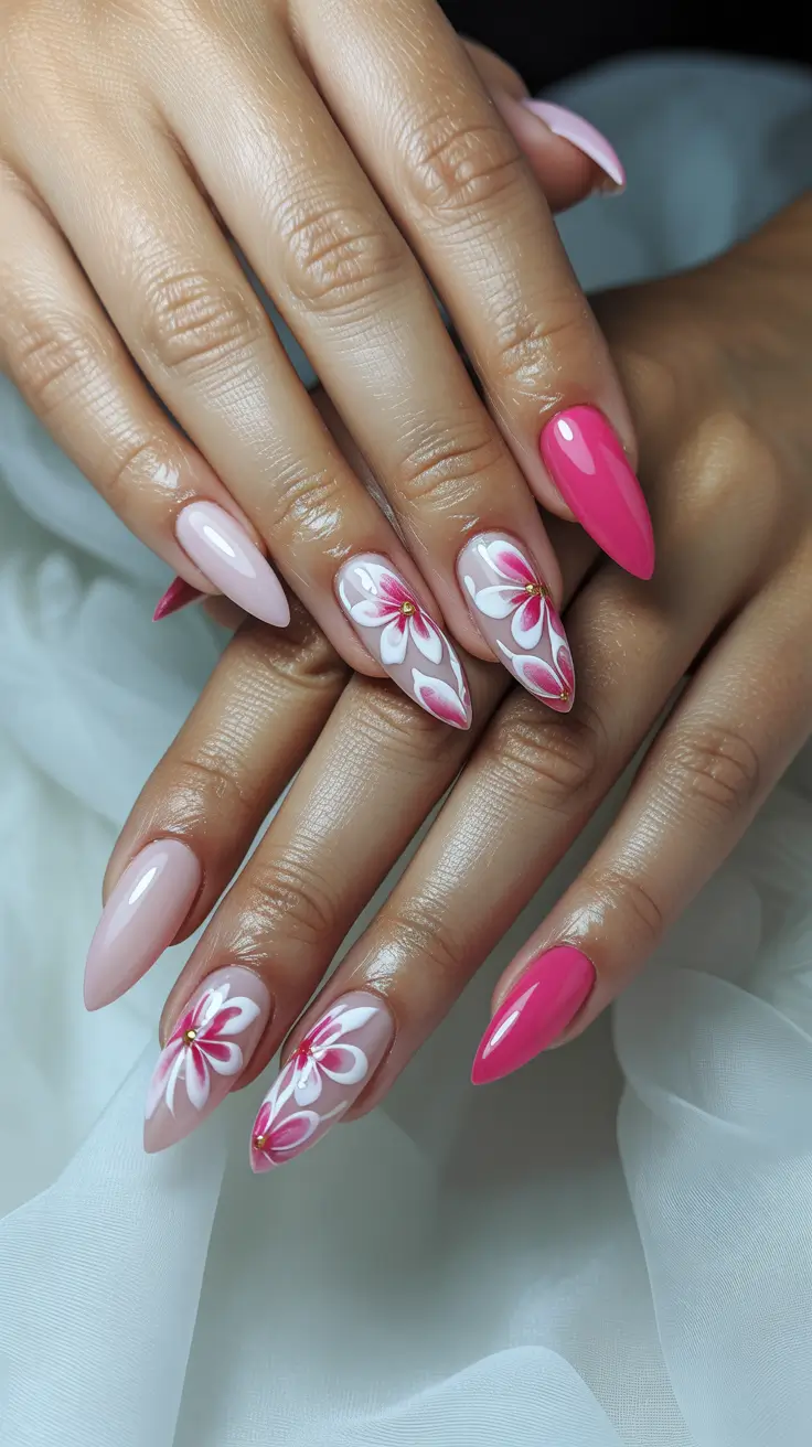 stylish spring nails pink 2026 Almond Pink with Dimensional White Floral Art