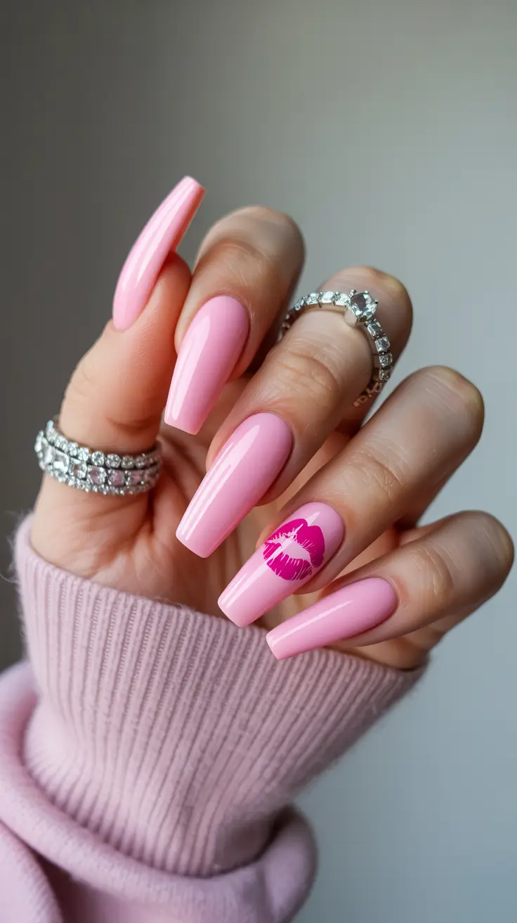 stylish spring nails pink 2026 Glossy Baby Pink Coffin with Bold Lip Accent