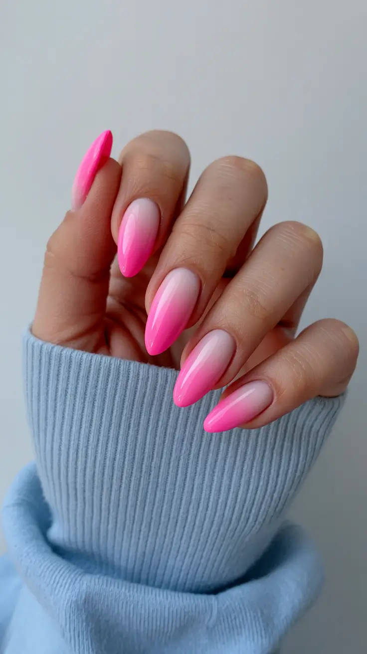 stylish spring nails pink 2026 Neon Pink Ombre Almond Fade