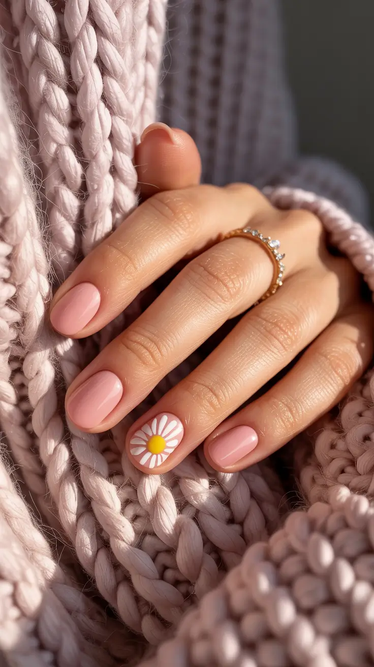stylish spring nails pink 2026 Soft Blush Short Nails with Single Daisy Accent