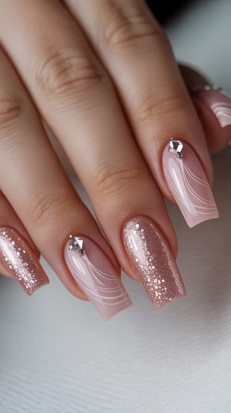 stylish spring nails pink 2026 Rose Gold Glitter with Sheer Pink Swirl and Crystal Detail