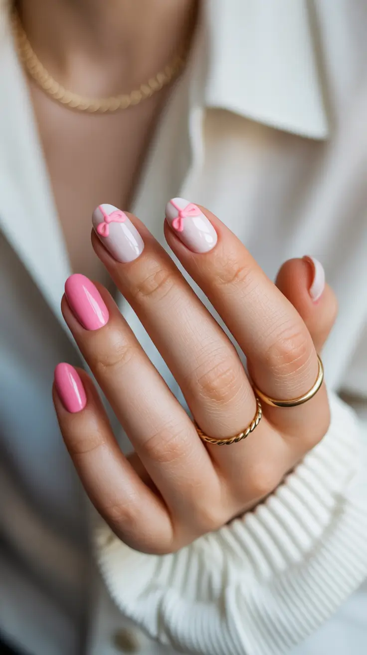 stylish spring nails pink 2026 Soft Ballet Pink with Playful Bow Accents