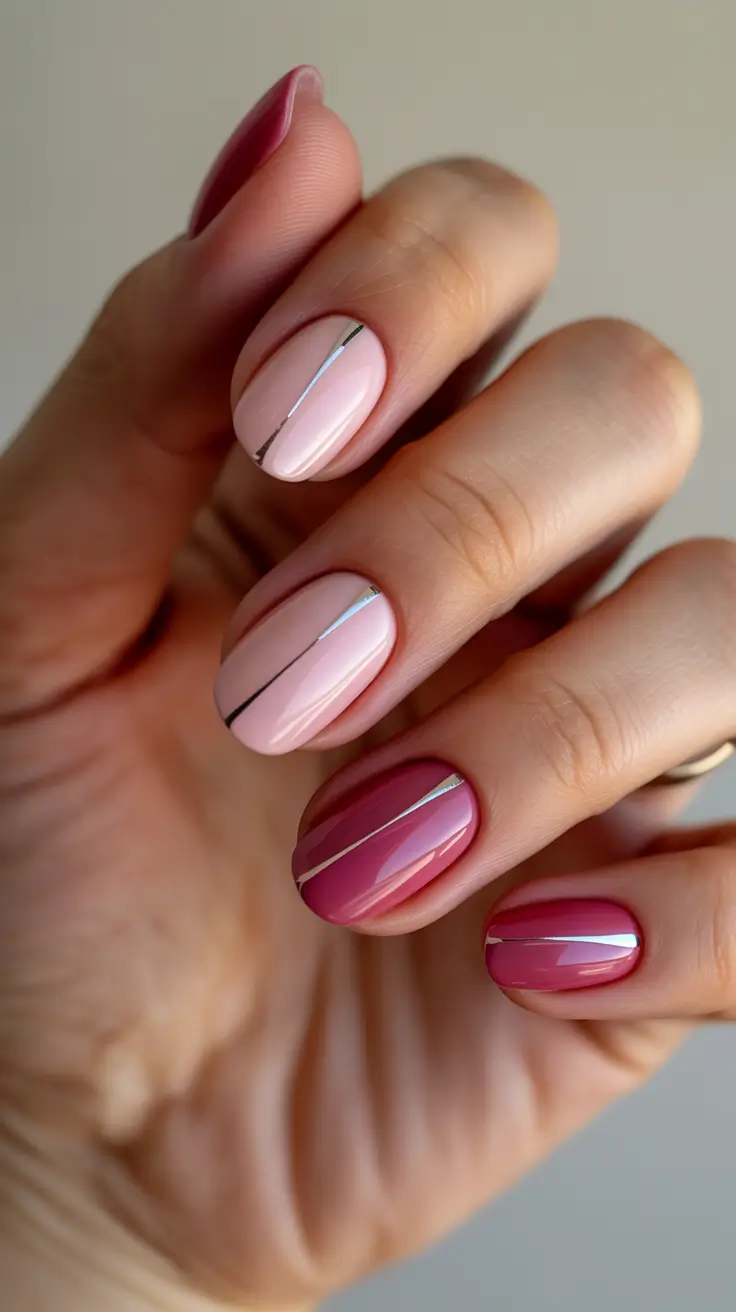 stylish spring nails pink 2026 Minimalist Pink with Metallic Stripe Accents