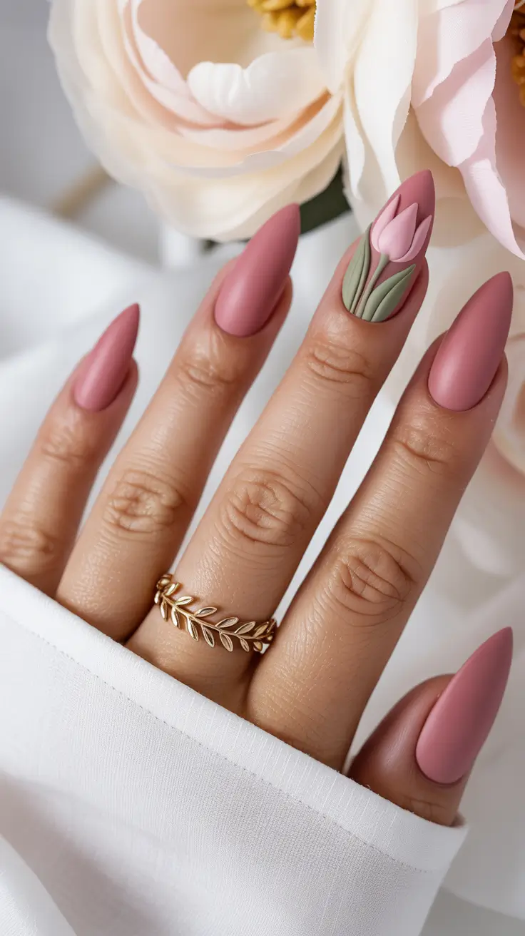 stylish spring nails pink 2026 Matte Rose Stiletto with Sculpted Tulip Accent