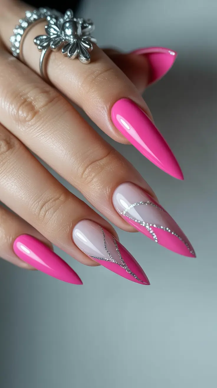 stylish spring nails pink 2026 Hot Pink Gloss with Silver Wave Detailing