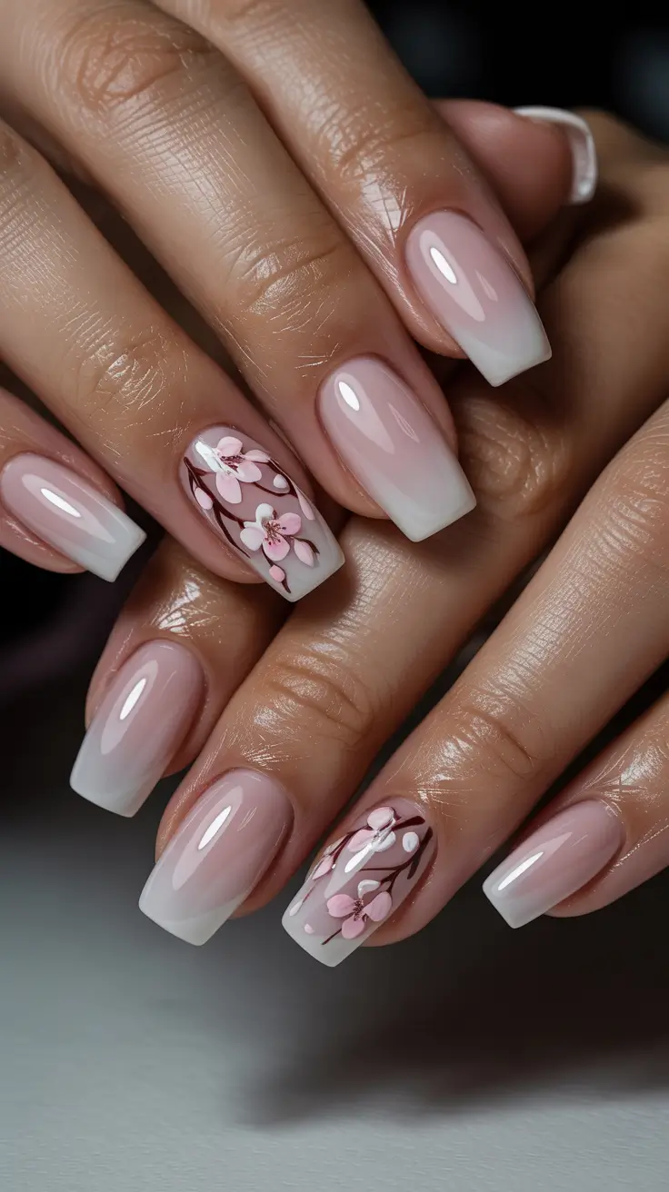 stylish spring nails pink 2026 Sheer Pink Ombre with Delicate Blossom Art