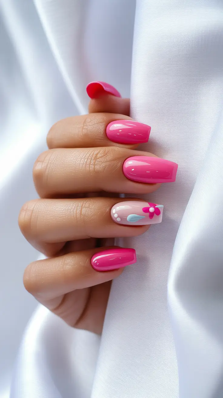 stylish spring nails pink 2026 Vibrant Pink Coffin with Minimal Floral Accent