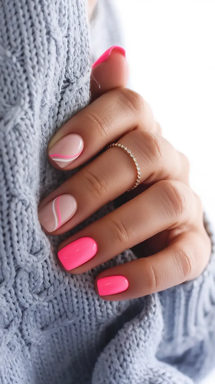 stylish spring nails pink 2026 Neon Pink with Soft Wave French Details