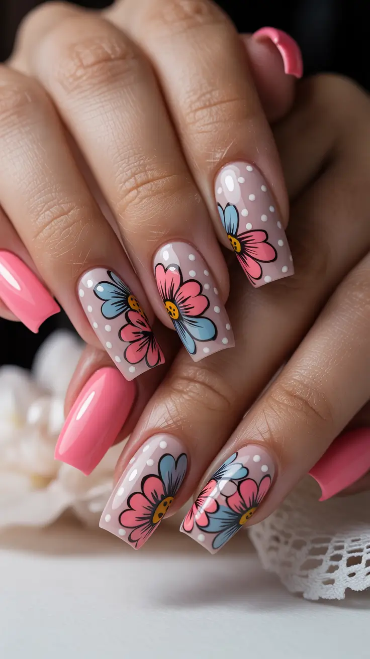 stylish spring nails pink 2026 Graphic Floral Pop Art with Pink Base