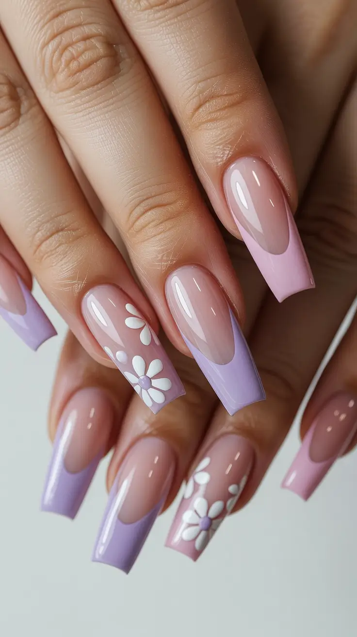 stylish spring nails square 2026 Lavender French with Daisy Accents - The Soft Square Revival