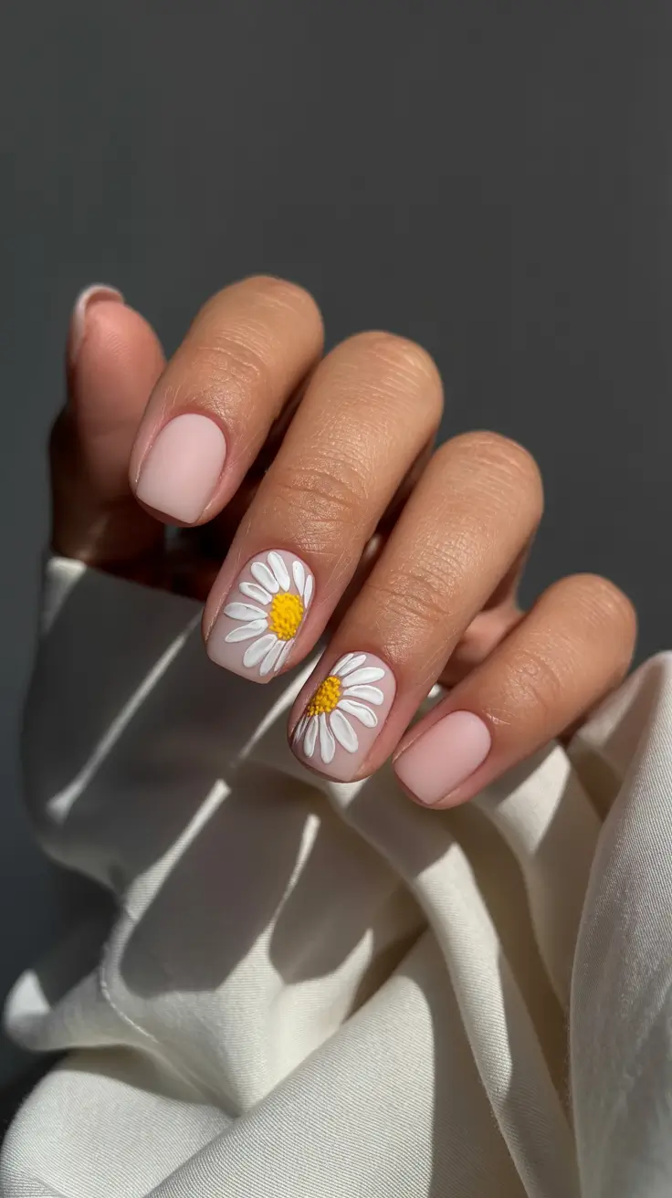 stylish spring nails square 2026 Matte Blush Square with 3D Daisies - Textured Spring Statement