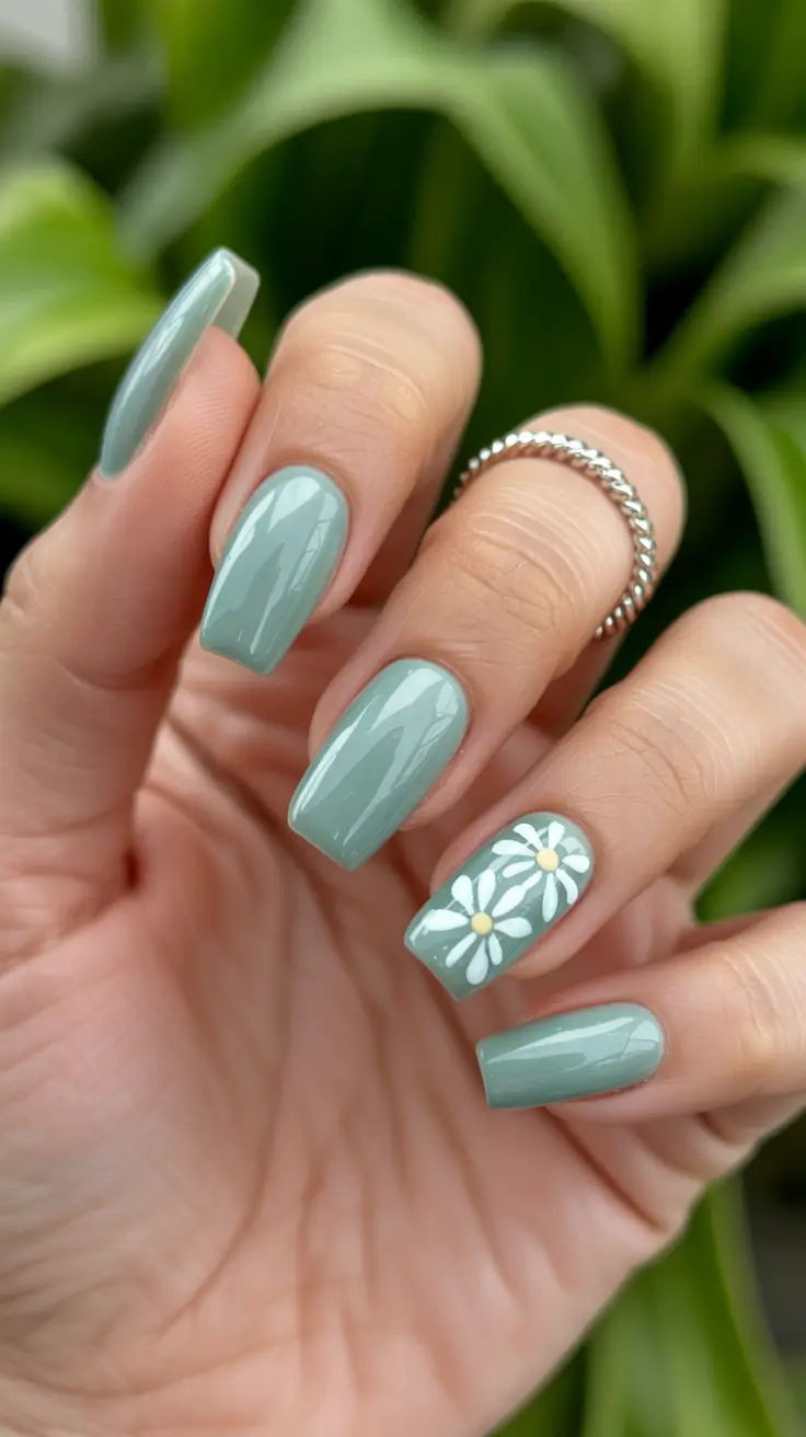 stylish spring nails square 2026 Sage Green Gloss with Minimal Daisy Accent - Botanical Calm Square