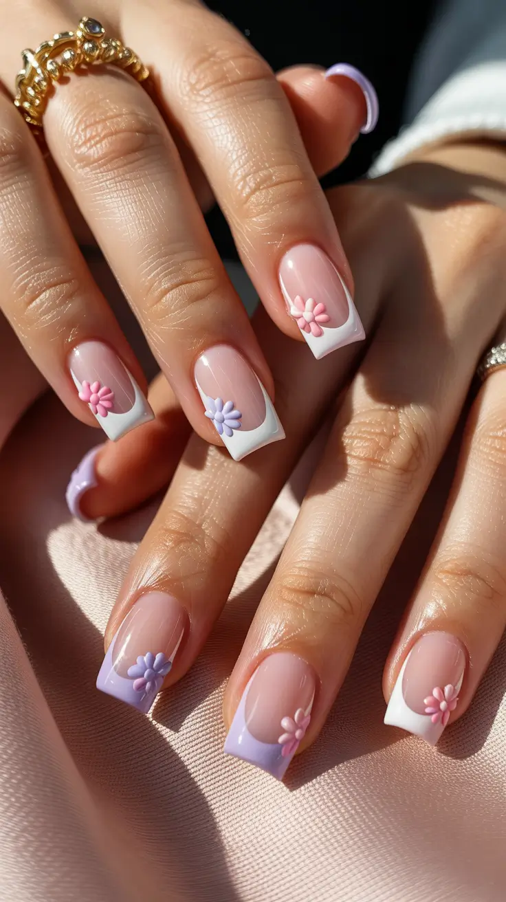 stylish spring nails square 2026 White and Lilac French with 3D Florals - Playful Pastel Square
