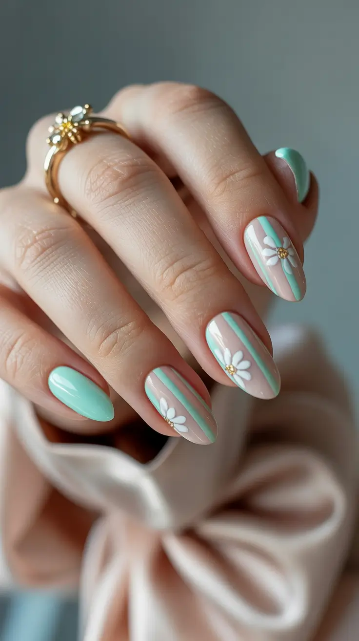 stylish spring nails square 2026 Mint and Nude Vertical Lines with Daisy Accent - Graphic Spring Square