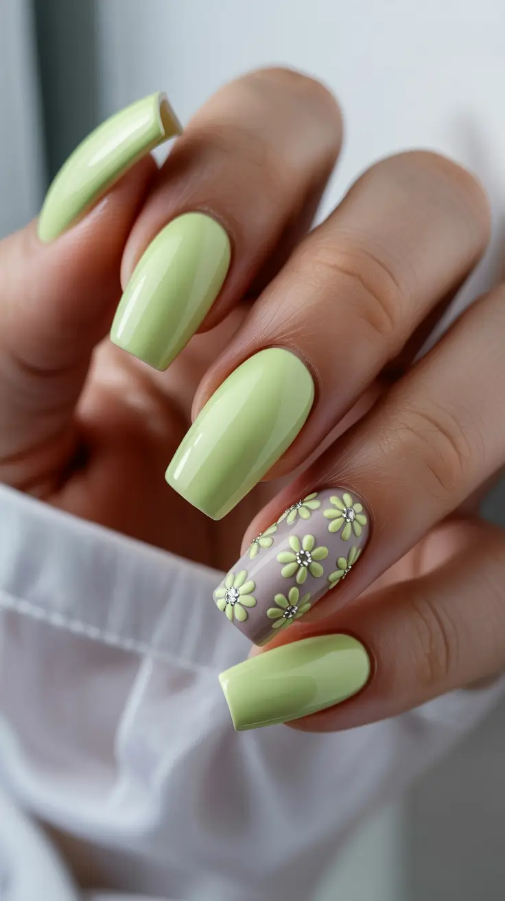 stylish spring nails square 2026 Pistachio Green with Floral Accent and Crystals - Bold Botanical Square