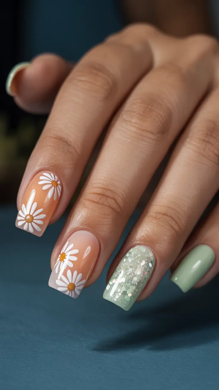 stylish spring nails square 2026 Peach and Mint Daisy Mix - Playful Contrast Square