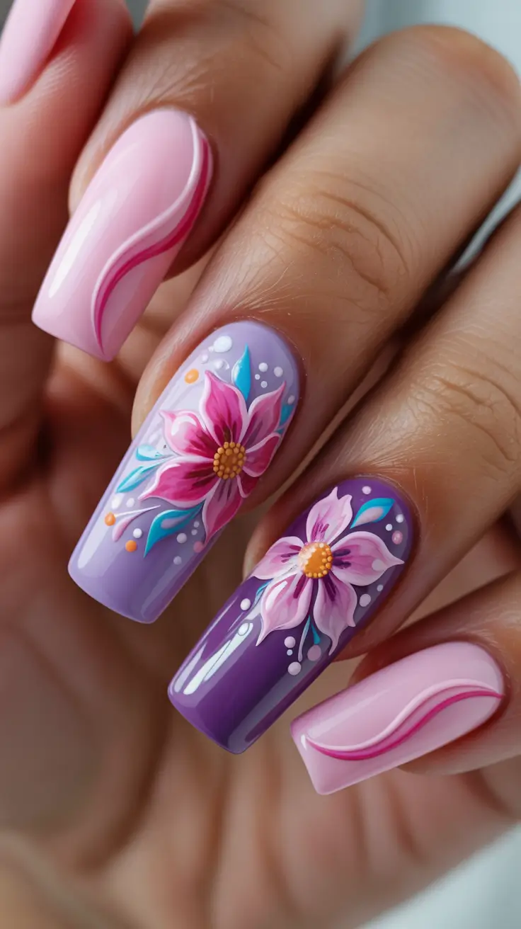 stylish spring nails square 2026 Lavender Bloom Art with Pink Waves - Statement Square
