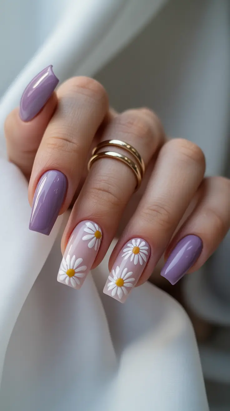 stylish spring nails square 2026 Soft Lilac and Sheer Daisy Combo - Romantic Square Simplicity