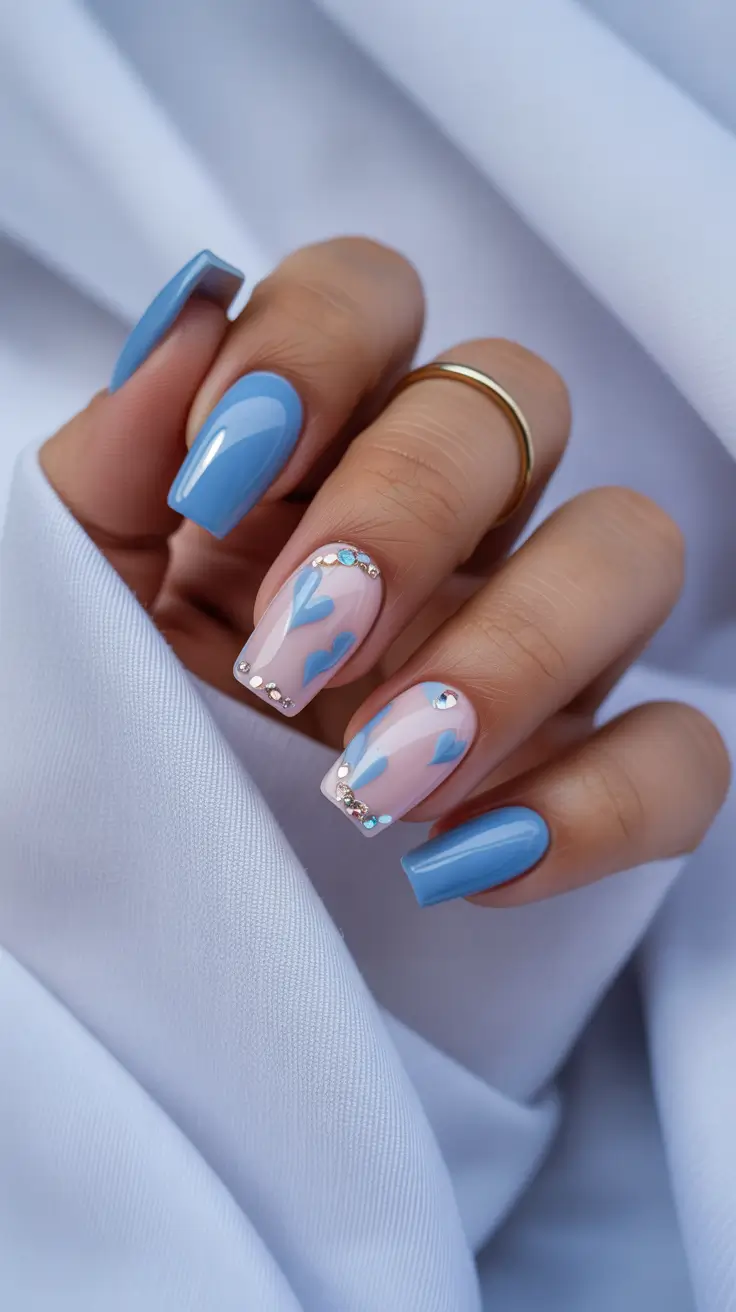stylish spring nails square 2026 Baby Blue Hearts with Crystal Frame - Sweet Graphic Square